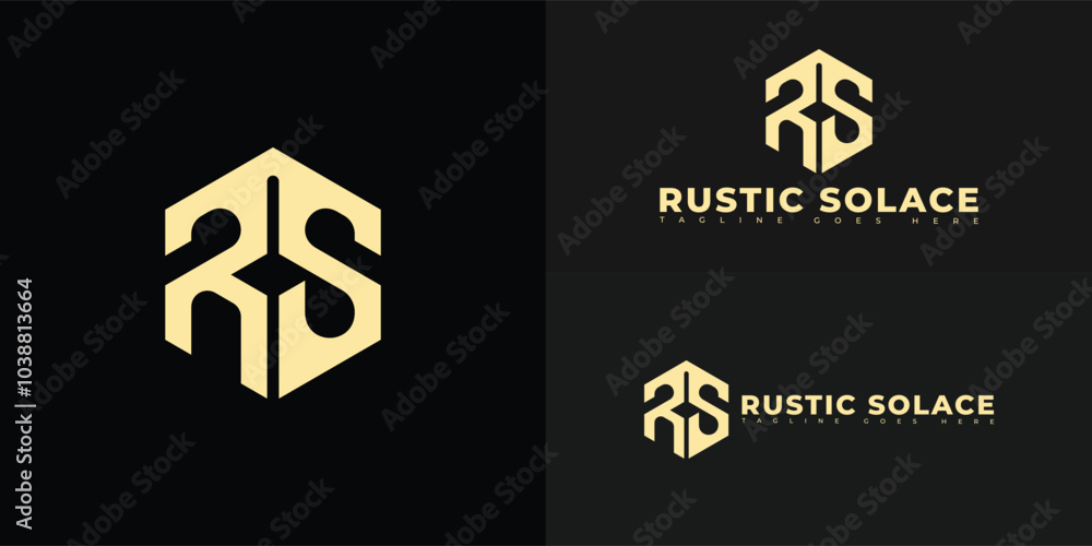 Poster modern initial hexagon vector letter rs or sr logo in gold color isolated on multiple background col