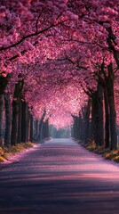 Spring Avenue with Blooming Trees in Full Color
