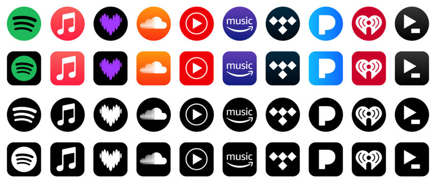 Popular music streaming service logo set: Apple music, Spotify, Youtube music, Soundcloud, Deezer, Tidal, Idagio, Iheart, Pandora, iTunes, new logo buttons