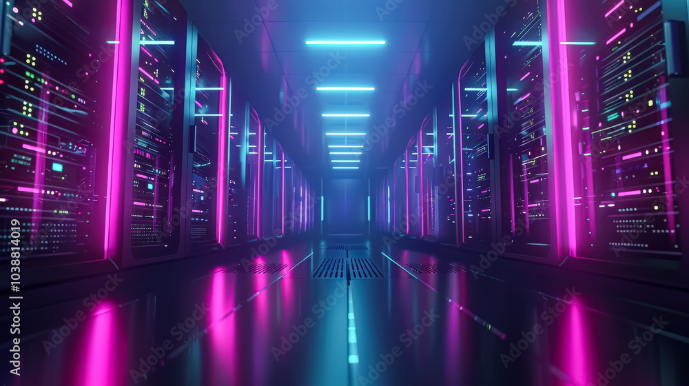 Poster large room with many computer servers. the room is illuminated with a blue light. the servers are al