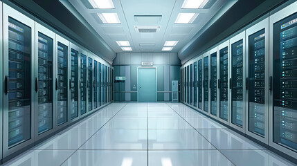 Large room with many computer servers. The room is very dark and the servers are all lit up