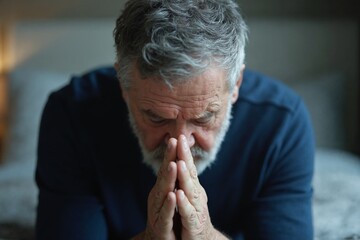 Elderly man praying, head bowed and hands clasped in deep thought. Senior person reflecting on life challenges and seeking comfort through meditation or prayer.
