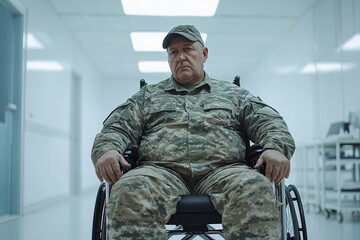 Fototapeta premium Military soldier in camouflage uniform sitting in wheelchair