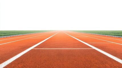 Fototapeta premium An empty athletic track in bold orange-red, soaking in the summer sun on a clear day, isolated on a white background