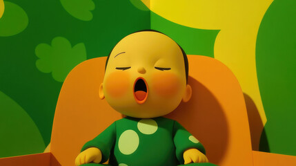 A cute cartoon depiction of a baby peacefully asleep in a chair, wearing a green outfit with white polka dots, set against a bright and colorful background, portraying innocence.