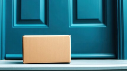 A brown delivery box sits at the entrance of a teal door, suggesting a home delivery waiting to be collected.