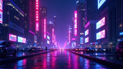 Fototapeta premium Generative, AI, neon-lit street at night with vibrant pink and blue hues reflecting on wet pavement under city lights.