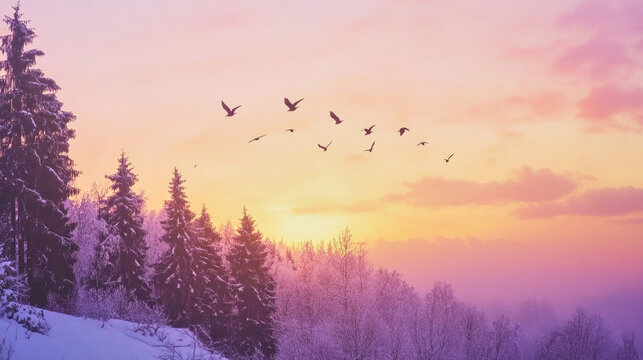 Flock of birds flying over a snow-covered forest at dawn in pink-gold sky