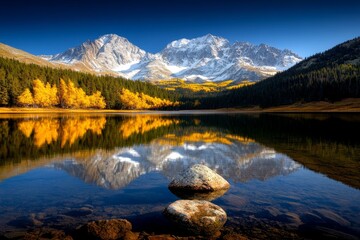 Obraz premium Snow-covered mountain peaks reflecting in the still waters of an alpine lake at dawn