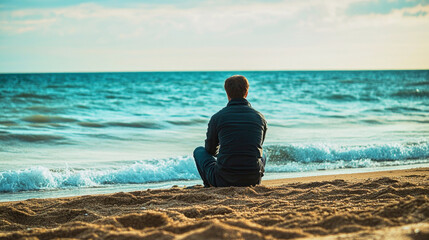 Fototapeta premium A man reflects on the shore, gazing at endless waves and the empty horizon during a melancholic moment