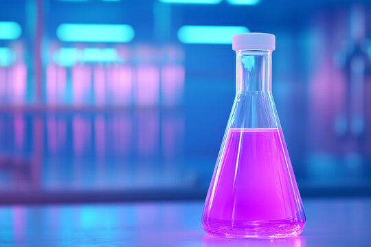 Bright pink liquid in laboratory flask illuminated by vibrant colored lights at night