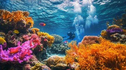 An exhilarating scuba diving expedition in a vibrant coral reef, Diving equipment prepared on a sturdy dive boat deck, Underwater exploration style