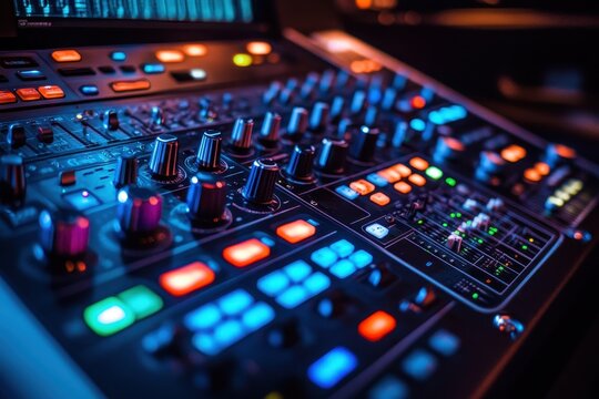 An in depth view of contemporary sound equipment with controls during a studio recording