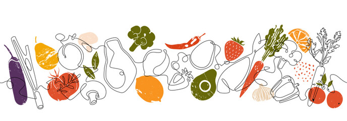 Culinary Background. Restaurant and Kitchen poster. Horizontal pattern with  Delishious Healthy Food. Continuous line drawing style combined with grunge silhouettes of Cooking ingresients.