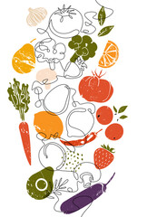 Culinary Vector element. Restaurant and Kitchen art. Vertical pattern with  Delishious Healthy Food. Continuous line drawing style combined with grunge silhouettes of Cooking ingresients.
