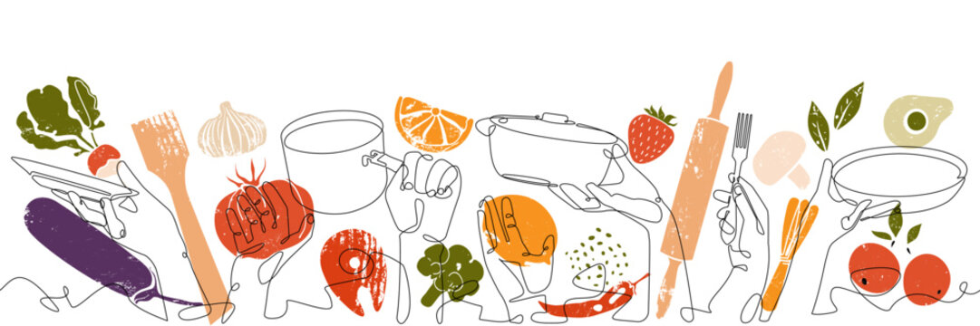Cooking Background. Restaurant poster. Horizontal pattern with Hands Holding different Kitchen Utensils and Food.Vector illustration. Continuous line drawing style combined with grunge silhouettes.