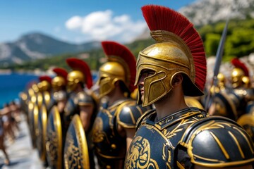 Spartan warriors marching in formation, their bronze shields and spears glistening under the hot sun of the battlefield