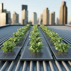 Fototapeta premium Sustainable urban rooftop garden blueprint, organic produce and solar panels, modern ecourban living