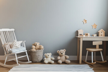cozy childrens room featuring rocking chair, soft teddy bears, and wooden desk. calming blue wall and decorative stars create warm, inviting atmosphere for play and relaxation