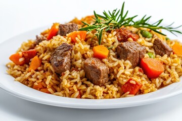 Fototapeta premium Aromatic meat and vegetable pilaf displayed on a white background