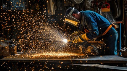 Metalwork in progress: Welder in an industrial setting crafting with precision, sparks flying in a dynamic scene