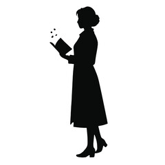A silhouette of a woman wearing a long coat and holding a book 