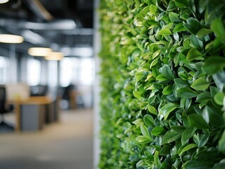 Obraz premium Green Wall with Blurry Office Background, indoor plant, living wall