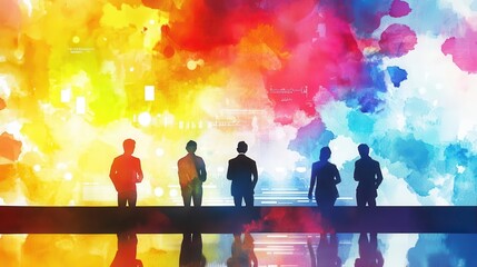 Naklejka premium Watercolor depiction of a business team analyzing data on a large screen, bright abstract colors capturing dynamic strategy