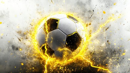 Fototapeta premium Powerful football image with vibrant yellow lightning bolts crackling around it, emphasizing the strength of the sport, on a white background