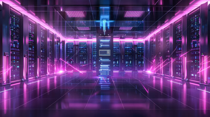 Large room with many computer servers. The room is illuminated with a blue light. The servers are all lined up in rows, and the room is very spacious