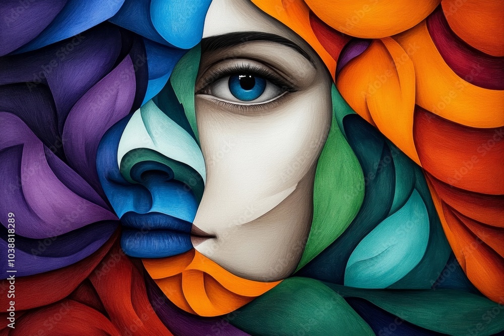 Poster watercolor painting of a face, with half of it melting into abstract shapes and colors, representing