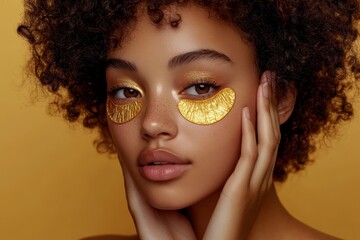 Attractive young woman with curls wearing golden eye masks for skin hydration and collagen treatment