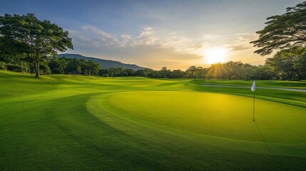 An expansive golf course at sunrise, Golf clubs neatly arranged, Classic sporty style