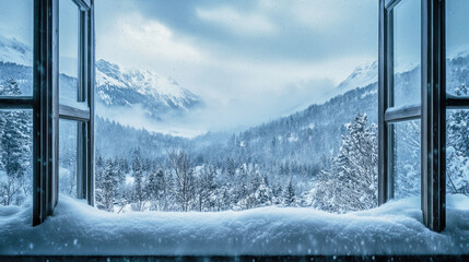 Snowy mountain landscape seen through a window showcasing a fierce winter blizzard with swirling...