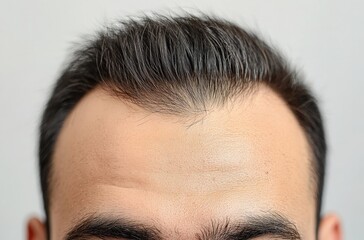 Close-up of man's hair and forehead against a neutral background indoors during daylight