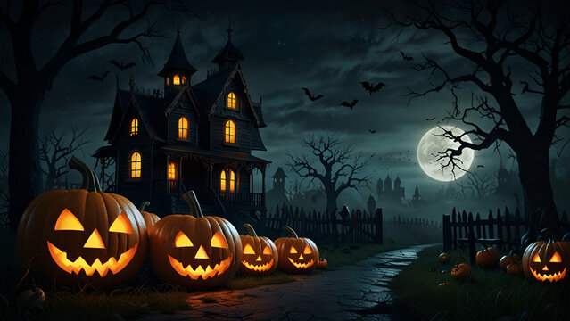 The pumpkin patch is a spooky scene with a full moon in the background.
