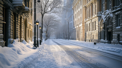 Snowy city street with bare trees and lanterns