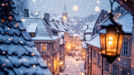 Obraz premium A serene winter night view through the skylight of snow-covered old town houses illuminated by lanterns