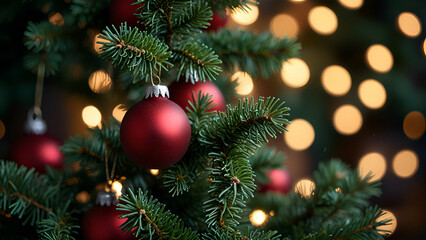 Obraz premium A Christmas tree adorned with red baubles and glowing lights 