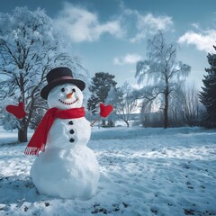 Obraz premium Panoramic view of happy snowman in winter secenery with copy space.