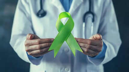 A doctor holds a lime green ribbon, symbolizing support for Lymphoma, mental health awareness, Lyme Disease, and spinal cord injuries. 