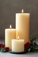 A set of three pillar candles surrounded by red roses and green foliage on a slate base, creating a warm ambiance.