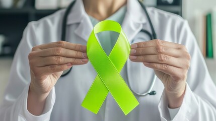 A doctor holds a lime green ribbon, symbolizing support for Lymphoma, mental health awareness, Lyme Disease, and spinal cord injuries. 