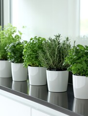 Fresh herbs growing in white ceramic pots on a windowsill, creating an indoor herb garden that brings nature and culinary freshness into the kitchen