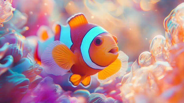 An Imaginary Character with Eccentric Clownfish Skin in Glam Rock Fashion Against Colorful Wallpaper