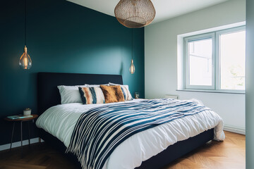 modern bedroom featuring stylish bed with cozy blanket, accentuated by dark green wall and warm lighting. inviting atmosphere creates perfect retreat for relaxation