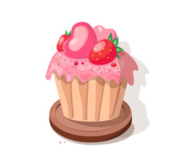 Sweet pastries, baking, dessert, soufflé. Cake and hearts. Sweets day. Delicate cream cake. Valentine's day, wedding, holiday decor. Design for cards. Vector illustration. Isolated background.