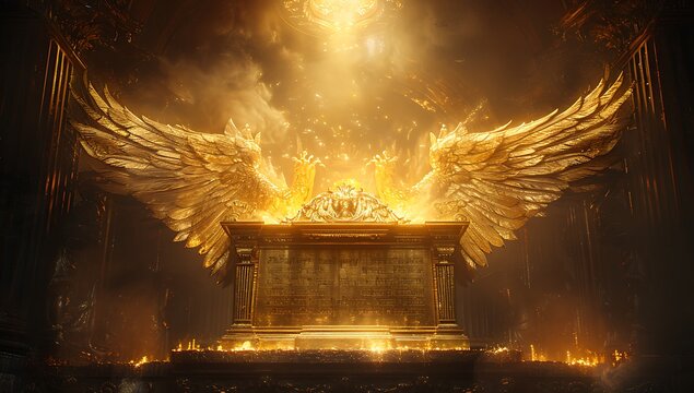 Ark of the Covenant ornate gold plating cherubim wings arching over placed in an ancient temple, dim golden light reflecting off the Ark intricate Hebrew inscriptions walls surrounding, glowing aura.