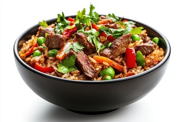 Fototapeta premium Beef and vegetable fried rice with herbs and spices served in a dark bowl against a white background Pan Asian dining experience