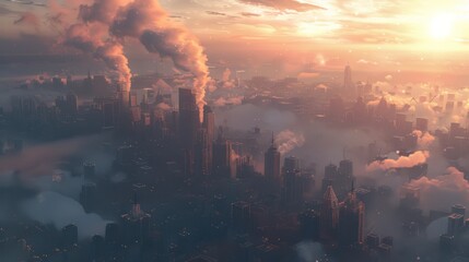 An urban landscape filled with smog and pollution, showcasing the damaging effects of climate change on cities